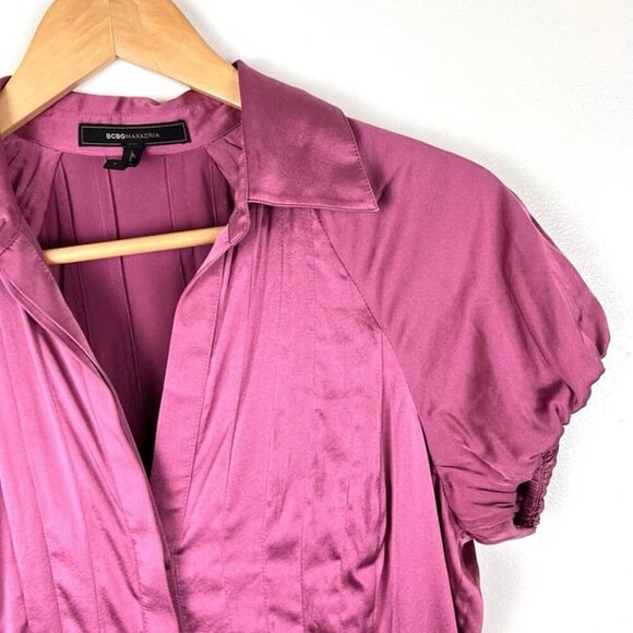 BCBG Max Azria Silk Pleated Button Up Blouse Sz S Mauve Coquette Fairy Romantic - Picture 3 of 11